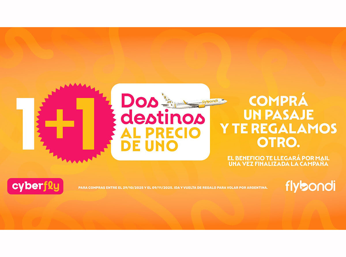 ¡Imperdible CyberFly de Flybondi! La aerolínea low cost lanza una promoción 2x1: comprá un pasaje y llevate otro de regalo para volar por Argentina.